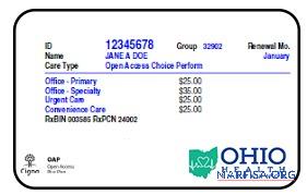 Printable Ohio health insurance card sample